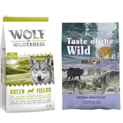 Två hundfoderförpackningar: Wolf of Wilderness Green Fields 12 kg och Taste of the Wild Sierra Mountain. Båda visar varumärkesnamn och produktnamn tydligt på framsidan.