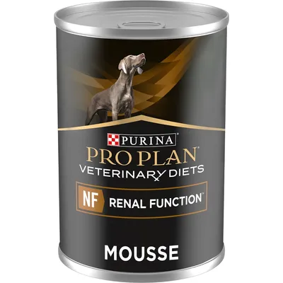 Tin labelled Pro Plan Veterinary Diets NF Renal Function Mousse, showing product type and renal function indication.