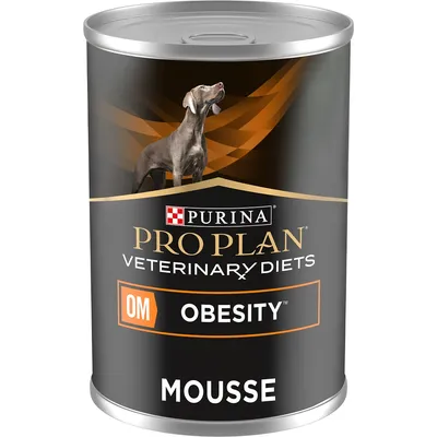 Tin labelled Pro Plan Veterinary Diets OM Obesity Mousse, showing product type and dietary focus.
