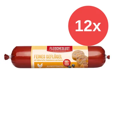 Fleischeslust Feines Geflügel mit Süsskartoffel, Heidelbeeren und Kamille. Alleinfuttermittel. 100% frisch. Packungseinheit: 12x. Fleischeslust Feines Geflügel mit Süsskartoffel, Heidelbeeren und Kamille. Alleinfuttermittel. 100% frisch. Packungseinheit: 12x.