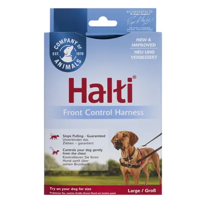 Harnais Halti Front Control Harness, taille Large, Company of Animals. Texte visible : Stops Pulling – Guaranteed, Controls your dog gently from the chest. Recommandé par Dr Roger Mugford.