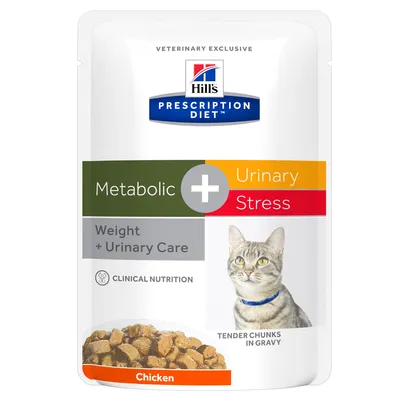 Hill's Prescription Diet Metabolic + Urinary Stress Weight + Urinary Care Chicken, tender chunks in gravy, clinical nutrition, image of cat on packaging