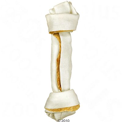 Osso da masticare per cani in pelle pressata con striscia centrale marrone, senza confezione o marchio visibile.