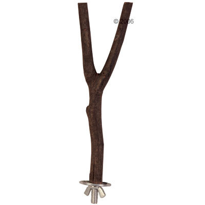 Drewniana żerdź w kształcie litery Y z metalowym mocowaniem na końcu, widoczne gwintowane śruby i nakrętka. Drewniana żerdź w kształcie litery Y z metalowym mocowaniem na końcu, widoczne gwintowane śruby i nakrętka.