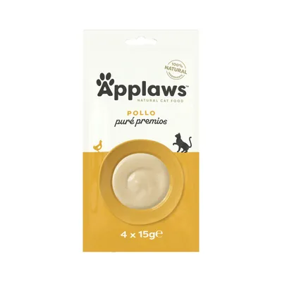 Applaws Natural Cat Food, pollo puré premios, 100% natural ingredients, paquete de 4 x 15 g. Imagen del producto y envase visible.