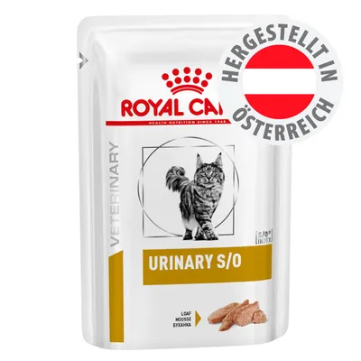 Royal Canin Veterinary URINARY S/O, Loaf Mousse, hergestellt in Österreich, Abbildung einer Katze auf der Verpackung