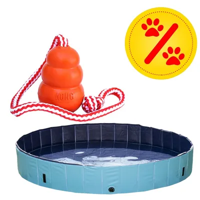 KONG Spielzeug mit rot-weißem Seil und faltbarer blauer Pool, daneben gelbes Symbol mit roten Pfotenabdrücken und Prozentzeichen.