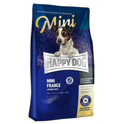 Confezione di crocchette Happy Dog Mini France Gourmet-Ente per cani adulti 1–10 kg, scritta: 'Kleine Krokette für kleine Rassen', marchio visibile e informazioni su piccoli bocconi.