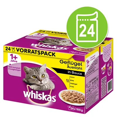 Whiskas pakiranje mokre hrane za mačke, 24 x 100 g, izbor peradi u umaku, za mačke starije od 1 godine. Vidljiv tekst: Vorratspack, Geflügel Auswahl, 1+ Jahre.