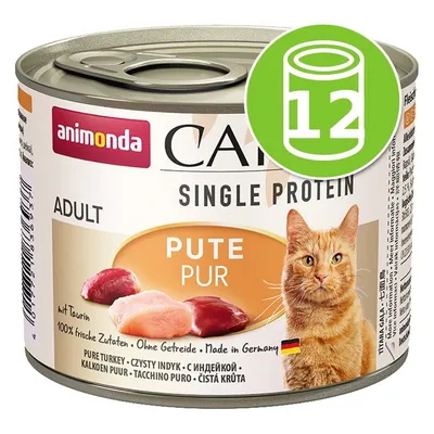 animonda Carny Single Protein ADULT PUTE PUR macskaeledel konzerv, 12 darabos csomag. Látható: pulykahús, német zászló, többnyelvű feliratok.