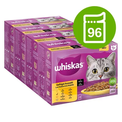 Whiskas Geflügel Auswahl, balení 96 kapsiček pro kočky, věk 1+, vyobrazená miska s krmivem a obrázek kočky. Velký zelený symbol s číslem 96. Whiskas Geflügel Auswahl, balení 96 kapsiček pro kočky, věk 1+, vyobrazená miska s krmivem a obrázek kočky. Velký zelený symbol s číslem 96.