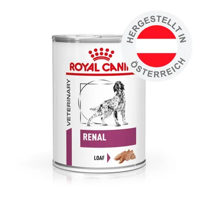 Royal Canin Veterinary Renal Loaf, Hergestellt in Österreich, Abbildung einer Dose mit Hund und Futterstücken
