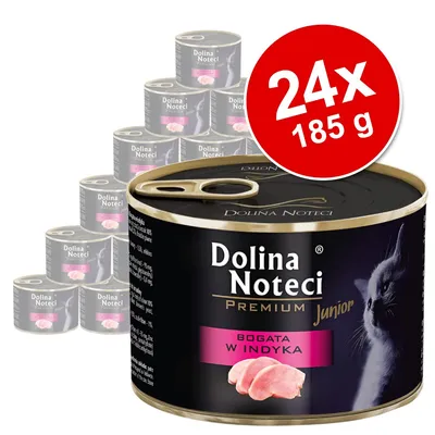 Lot de 24 boîtes Dolina Noteci Premium Junior, 185 g chacune, étiquette avec chat et texte polonais « Bogata w indyka » sur fond noir.