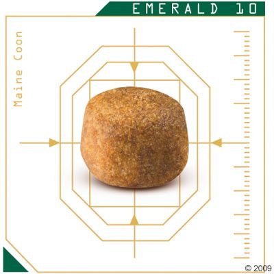 Krupni oblik granule s natpisima Emerald 10 i Maine Coon, prikaz veličine i oblika hrane za mačke.