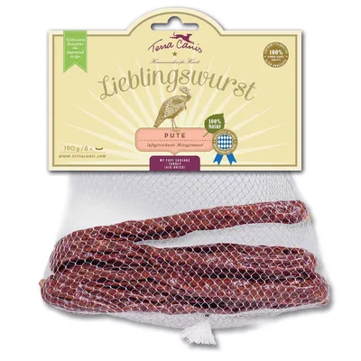 Terra Canis Lieblingswurst Pute, 190 g/8 kpl, kalkkunamakkarat verkossa. Pakkauksessa tekstit: 100 % Natur, Improved recipe, My fave sausage turkey (air-dried).
