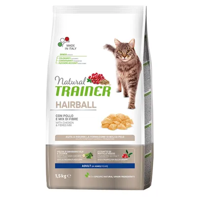 Natural Trainer Hairball корм для кошек, 1,5 кг, с курицей и клетчаткой. Сделано в Италии, без красителей, консервантов и добавленного сахара. Помогает уменьшить образование комков шерсти.