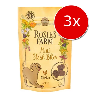 Rosie’s Farm Mini Steak Bites Chicken Adult 70 g, gabonamentes recept, csomagoláson kutya illusztrációval, piros körben fehér '3x' felirat