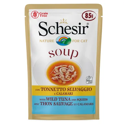 Schesir Nature for Cat soup 85 g, Grain Free, Cruelty Free, avec thon sauvage et calamars. Texte en italien, anglais et français visible sur l’emballage. Schesir Nature for Cat soup 85 g, Grain Free, Cruelty Free, avec thon sauvage et calamars. Texte en italien, anglais et français visible sur l’emballage.
