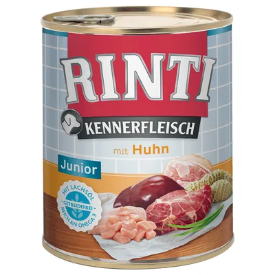Konzerva Rinti Kennerfleisch Junior mit Huhn, s obrázkom rôznych druhov mäsa. Viditeľné texty: mit Lachsöl, getreidefrei, reich an Omega 3.