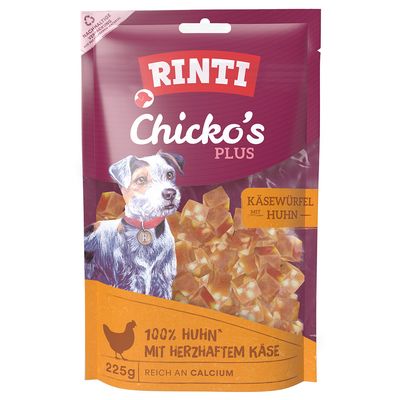 Rinti Chicko Plus кубчета сирене, 225g, 100% пиле с ароматно сирене, богати на калций.