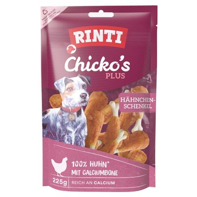 Emballage Rinti Chicko Plus, 80 g, Hähnchen Schenkel, 100 % Huhn mit Calciumbone, riche en calcium. Texte en allemand.