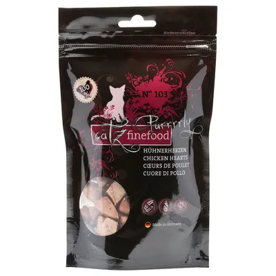 catz finefood Purrrrly N°103, HÜHNERHERZEN, CHICKEN HEARTS, CEURS DE POULET, CUORE DI POLLO. 100 %. Made in Germany. Musta pussi, ikkunasta näkyy vaaleita paloja.