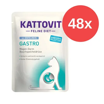 Kattovit Feline Diet Gastro mit Ente und Reis, verbesserte Rezeptur, fettarm und leicht verdaulich, hoher Elektrolytgehalt, 48x Portionsbeutel.