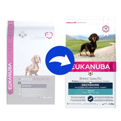 Cambio confezione Eukanuba Breed Specific Dachshund Adult 2,5 kg: a sinistra vecchio design, a destra nuovo design con foto di bassotto e testo visibile sul fronte. Cambio confezione Eukanuba Breed Specific Dachshund Adult 2,5 kg: a sinistra vecchio design, a destra nuovo design con foto di bassotto e testo visibile sul fronte.