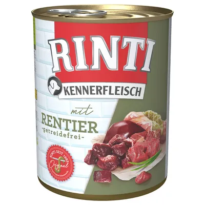 Konzerva Rinti Kennerfleisch mit Rentier, getreidefrei. Na etiketě jsou kusy masa a pečeti s textem Rinti seit 1983 Original.