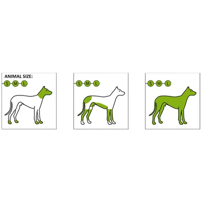 Schéma de trois silhouettes de chien avec zones vertes indiquant différentes parties du corps selon les tailles S, M, L. Texte visible : 'ANIMAL SIZE: S M L'.