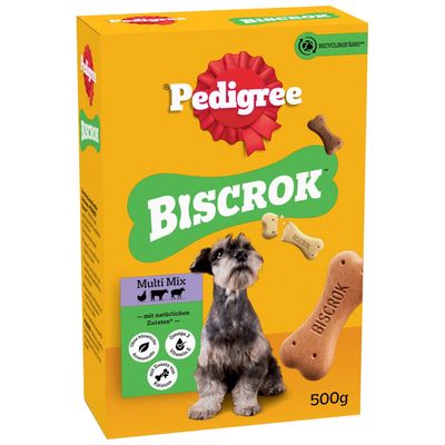 Pedigree Biscrok Multi Mix dog biscuits, 500 g pack. With omega 3 and vitamin E, no artificial flavourings. Suitable for dogs, with chicken, beef and lamb flavour.