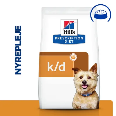 Hill's Prescription Diet k/d tørfoder, tekst: NYREPLEJE, mærkat med 'Enhanced Appetite Trigger', billede af hund på posen.