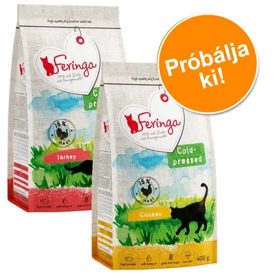 Feringa macskaeledel csomagolás: 75% Meat, Turkey és Chicken változatok, Cold-pressed felirat, 400 g. Narancssárga körben: Próbálja ki!