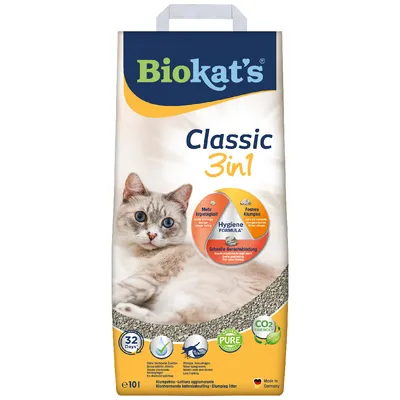 Biokat's Classic 3in1 kattsand med hygienformel, högre räckvidd, fasta klumpar, snabb luktbindning. CO2-vänlig, Made in Germany, 32 dagars användning.