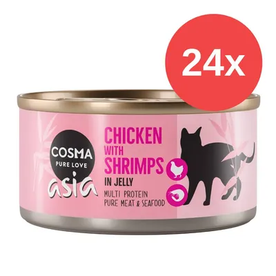 Cosma Asia Pure Love, pollo con gambas en gelatina, multiproteína, carne y marisco puro, 24 latas. Envase con motivo de gato y diseño rosa.