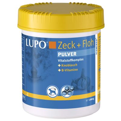 LUPO Zeck + Floh Pulver, Vitalstoffkomplex mit Knoblauch und B-Vitamine, 1000g. Abbildung von Zecke und Floh auf der Verpackung.