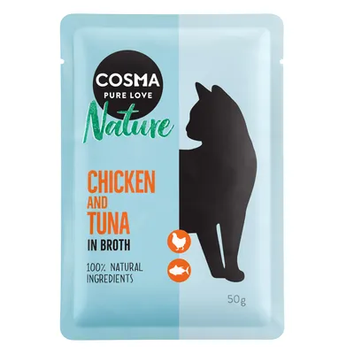 Cosma Pure Love Nature. Pollo e tonno in brodo, 100% ingredienti naturali, 50g. Silhouette di un gatto e icone per pollo e pesce.