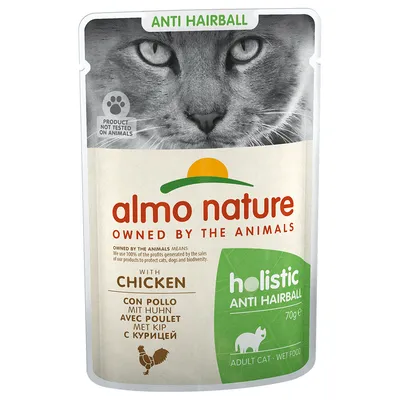 Пауч almo nature holistic anti hairball с курицей для взрослых кошек, 70 г. Надписи: 'ANTI HAIRBALL', 'PRODUCT NOT TESTED ON ANIMALS', 'OWNED BY THE ANIMALS', 'WITH CHICKEN', 'С КУРИЦЕЙ'. Пауч almo nature holistic anti hairball с курицей для взрослых кошек, 70 г. Надписи: 'ANTI HAIRBALL', 'PRODUCT NOT TESTED ON ANIMALS', 'OWNED BY THE ANIMALS', 'WITH CHICKEN', 'С КУРИЦЕЙ'.