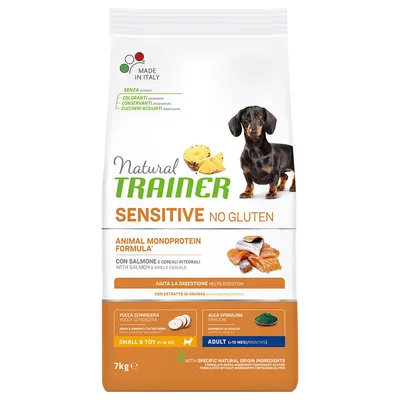 Natural Trainer Sensitive No Gluten, Animal Monoprotein Formula med laks og fuldkorn, Made in Italy, til små hunde (1-10 kg), 7 kg pakke. Natural Trainer Sensitive No Gluten, Animal Monoprotein Formula med laks og fuldkorn, Made in Italy, til små hunde (1-10 kg), 7 kg pakke.