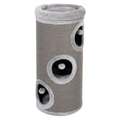 Cylindrical scratching post with three circular entrances, each featuring a hanging plush ball toy inside, and a padded top platform.