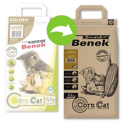 Kaksi Super Benek Corn Cat Litter -kissanhiekkapakkausta, vasemmalla vanha ja oikealla uusi ulkoasu. Molemmissa näkyy tuotteen nimi, paino 4,4 kg ja teksti 'natural', 'GMO free'.