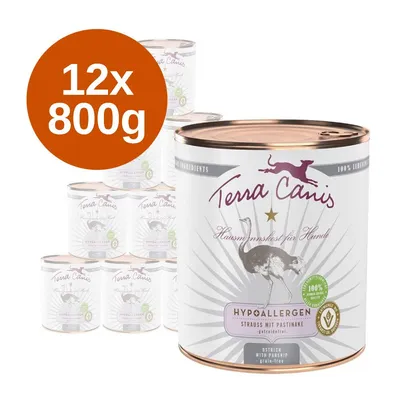 Terra Canis Hypoallergen kutyakonzerv, 12×800 g, strucc paszternákkal, látható felirat: 100% természetes összetevők, gabonamentes, HYPOALLERGEN