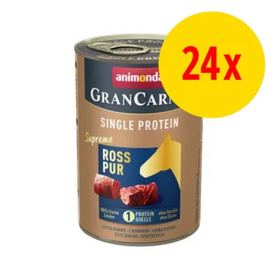 animonda GranCarno Single Protein Supreme ROSS PUR dåse, 24x. Tekst: 100 % friske råvarer, 1 Protein Quelle, ohne Getreide, ohne Gluten. Billede af kød og hest.