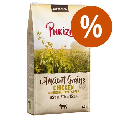 Purizon Ancient Grains Sterilised Chicken mit Hering, Dinkel & Hafer. 65% tierische Zutaten, 20% Gemüse, 15% Früchte. Packungsgrösse: 6,5 kg.