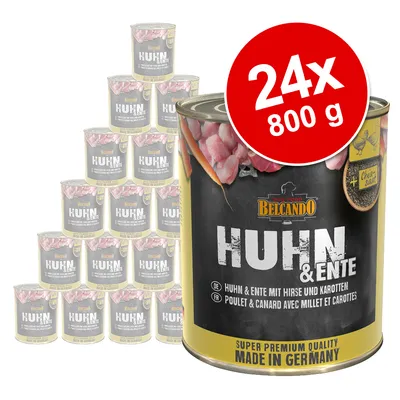 Belcando kylling & and, super premium kvalitet, lavet i Tyskland. 24x 800g dåser med hirse og gulerødder.