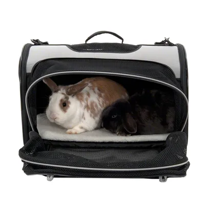Bolsa de transporte con ventanas de malla, abierta, dos conejos visibles en el interior sobre fondo blanco.