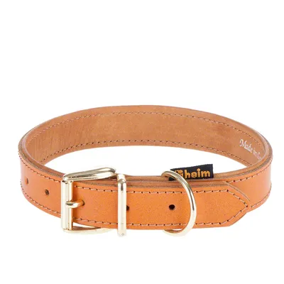 Collier pour chien en cuir marron avec boucle et anneau métalliques, étiquette noire avec texte visible « heim » en jaune.