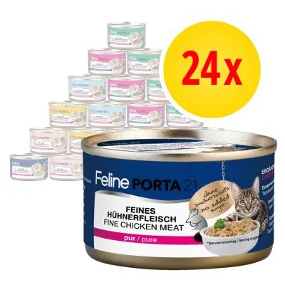 Feline Porta 21 kattmat, feines Hühnerfleisch, pur. Förpackning med 24 burkar. Text: no added sugar, fine chicken meat, serving suggestion.