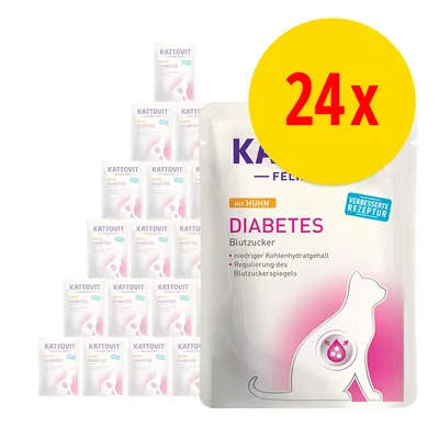 Kattovit Feline Diet Diabetes med kylling, 24x portionsposer. Tekst: Blutzucker, niedriger Kohlenhydratgehalt, Regulierung des Blutzuckerspiegels, verbesserte Rezeptur. Kattovit Feline Diet Diabetes med kylling, 24x portionsposer. Tekst: Blutzucker, niedriger Kohlenhydratgehalt, Regulierung des Blutzuckerspiegels, verbesserte Rezeptur.