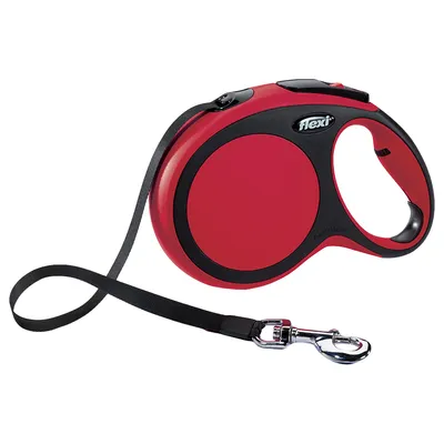 Guinzaglio avvolgibile Flexi con impugnatura ergonomica, corda nera e moschettone in metallo visibile. Marchio Flexi stampato sulla parte superiore.